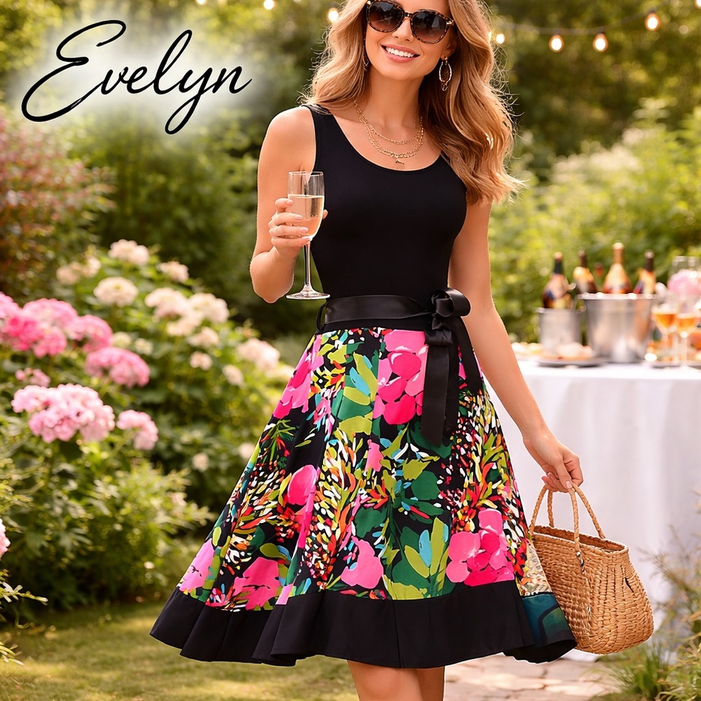Evelyn, Vibrant Tropical A-Line Skirt Bow Waist Resort  Palm Beach,Skirt, Size L